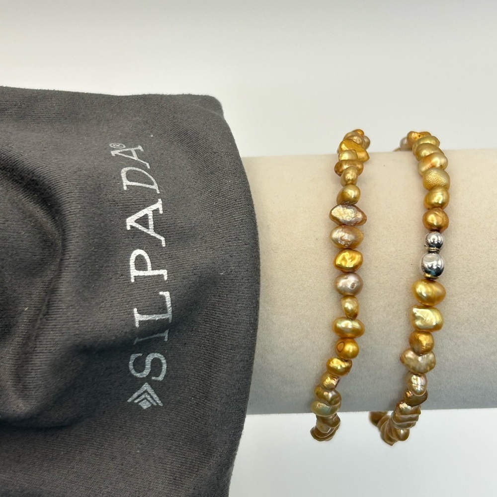 Silpada Bronze Silver Beaded Stretch Bracelet Pair Freshwater Pearls Silver Bead - Picture 8 of 8